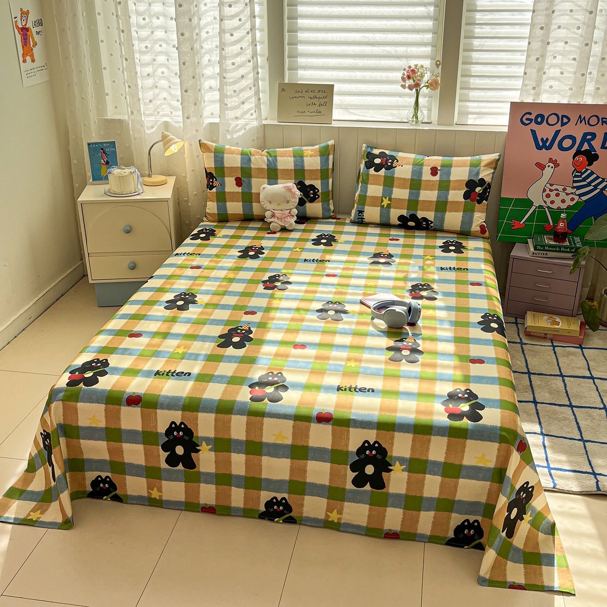 91家纺网 家纺一手货源 找家纺 桃子家居 2026新款纯棉全棉单品印花卡通可爱少女床单床笠枕套系列 棉单品-复古哈曼猫