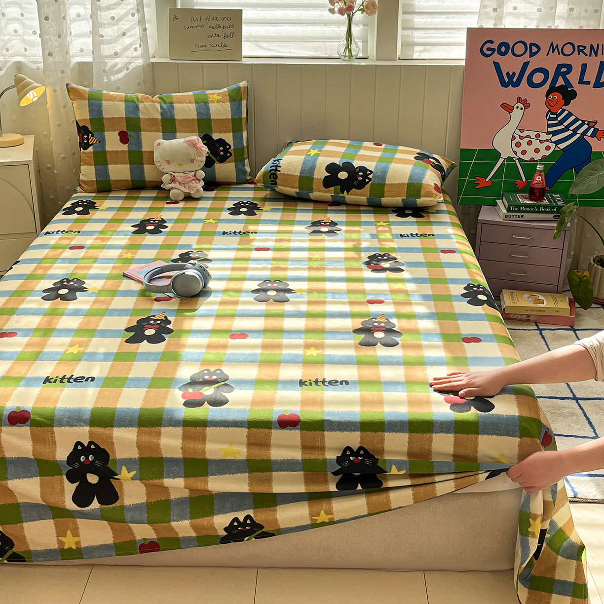 91家纺网 家纺一手货源 找家纺 桃子家居 2026新款纯棉全棉单品印花卡通可爱少女床单床笠枕套系列 棉单品-复古哈曼猫