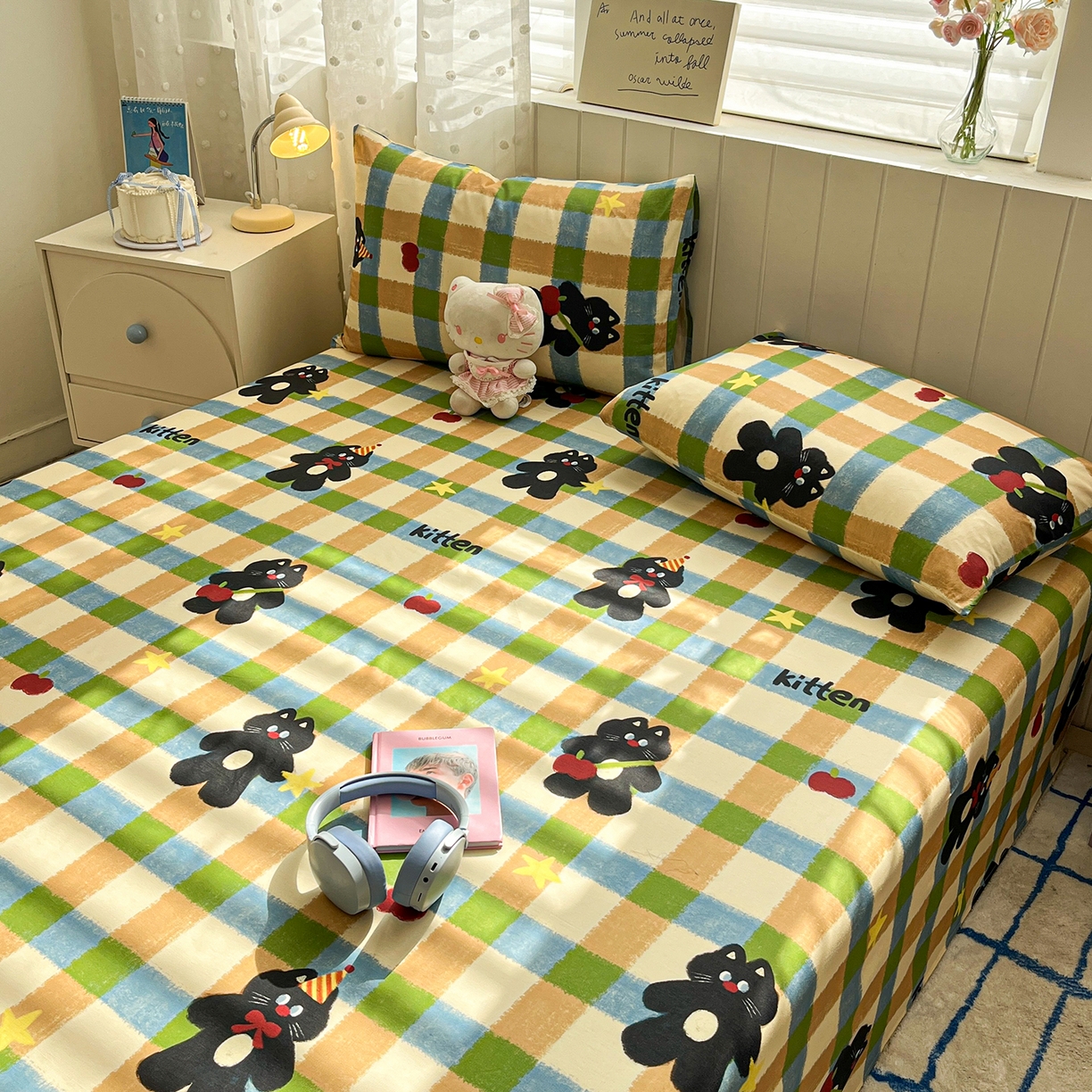 91家纺网 家纺一手货源 找家纺 桃子家居 2026新款纯棉全棉单品印花卡通可爱少女床单床笠枕套系列 棉单品-复古哈曼猫