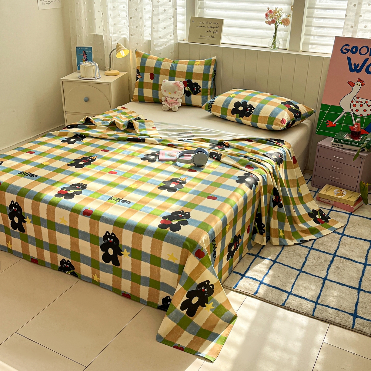 91家纺网 家纺一手货源 找家纺 桃子家居 2026新款纯棉全棉单品印花卡通可爱少女床单床笠枕套系列 棉单品-复古哈曼猫