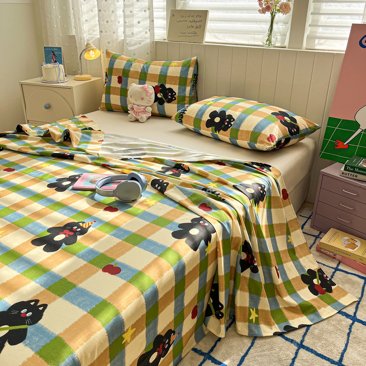 91家纺网 家纺一手货源 找家纺 桃子家居 2026新款纯棉全棉单品印花卡通可爱少女床单床笠枕套系列 棉单品-复古哈曼猫