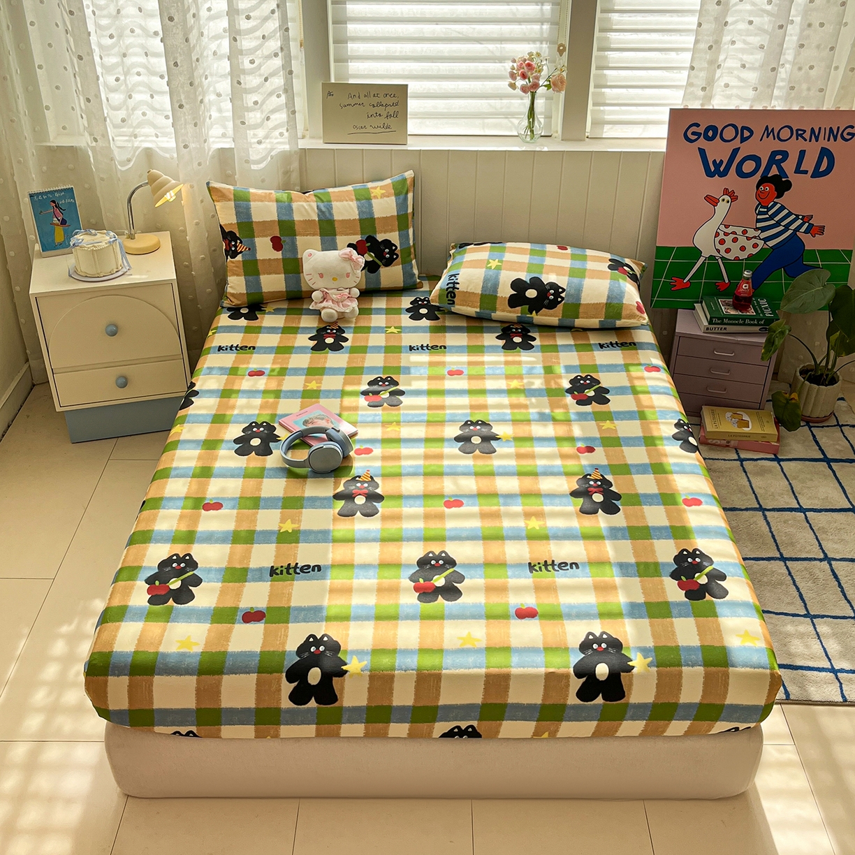 91家纺网 家纺一手货源 找家纺 桃子家居 2026新款纯棉全棉单品印花卡通可爱少女床单床笠枕套系列 棉单品-复古哈曼猫