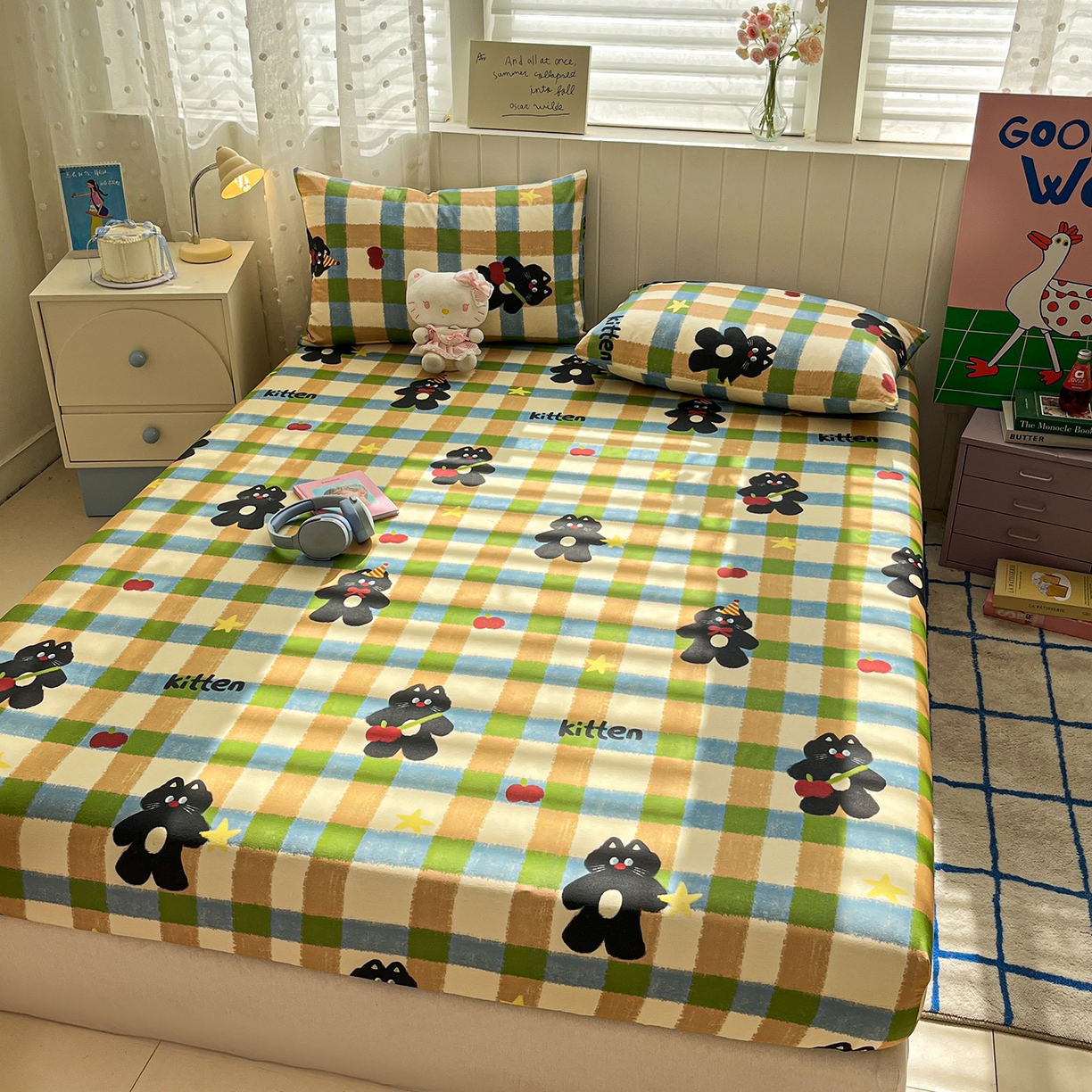 91家纺网 家纺一手货源 找家纺 桃子家居 2026新款纯棉全棉单品印花卡通可爱少女床单床笠枕套系列 棉单品-复古哈曼猫