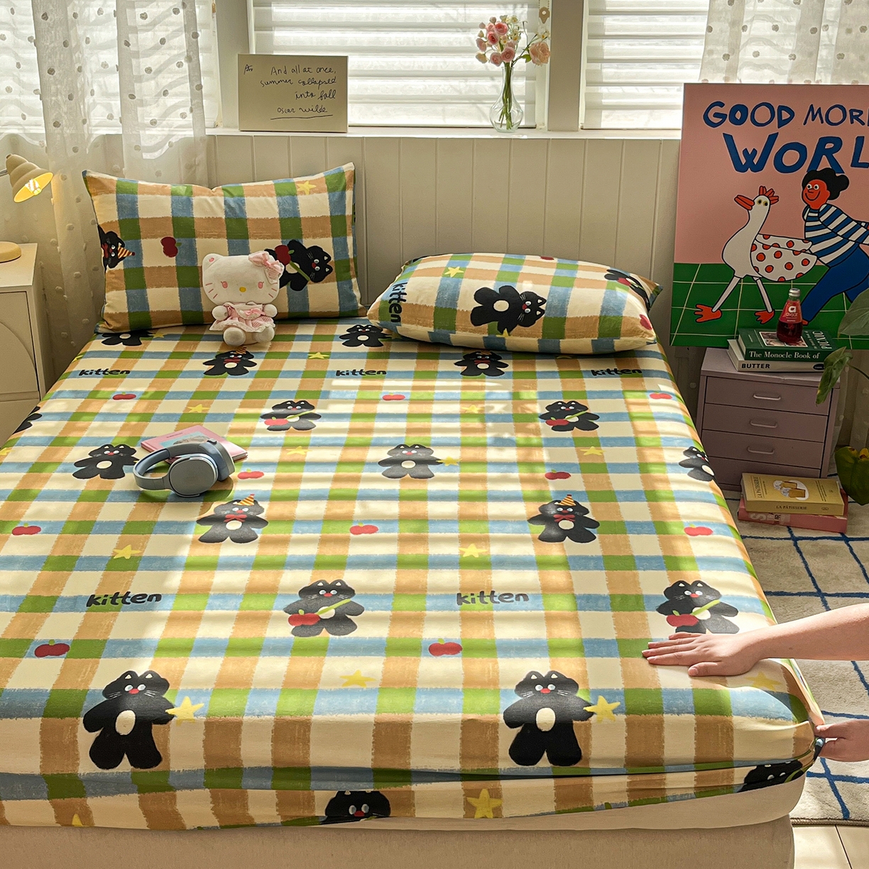 91家纺网 家纺一手货源 找家纺 桃子家居 2026新款纯棉全棉单品印花卡通可爱少女床单床笠枕套系列 棉单品-复古哈曼猫