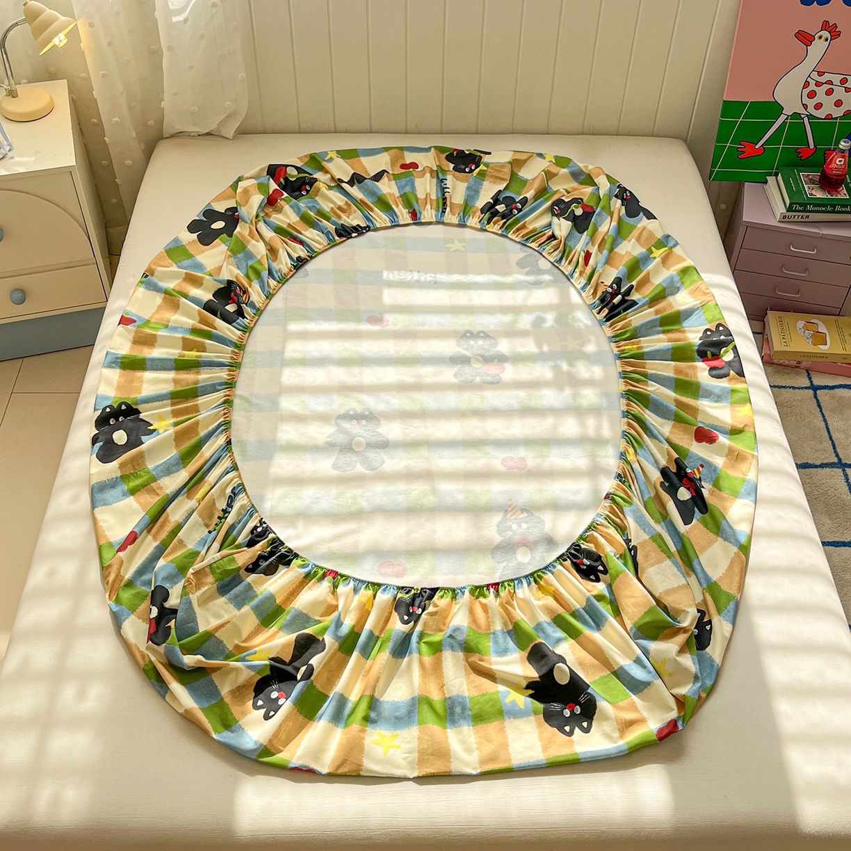 91家纺网 家纺一手货源 找家纺 桃子家居 2026新款纯棉全棉单品印花卡通可爱少女床单床笠枕套系列 棉单品-复古哈曼猫