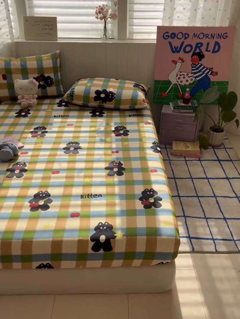 91家纺网 家纺一手货源 找家纺 桃子家居 2026新款纯棉全棉单品印花卡通可爱少女床单床笠枕套系列 棉单品-复古哈曼猫