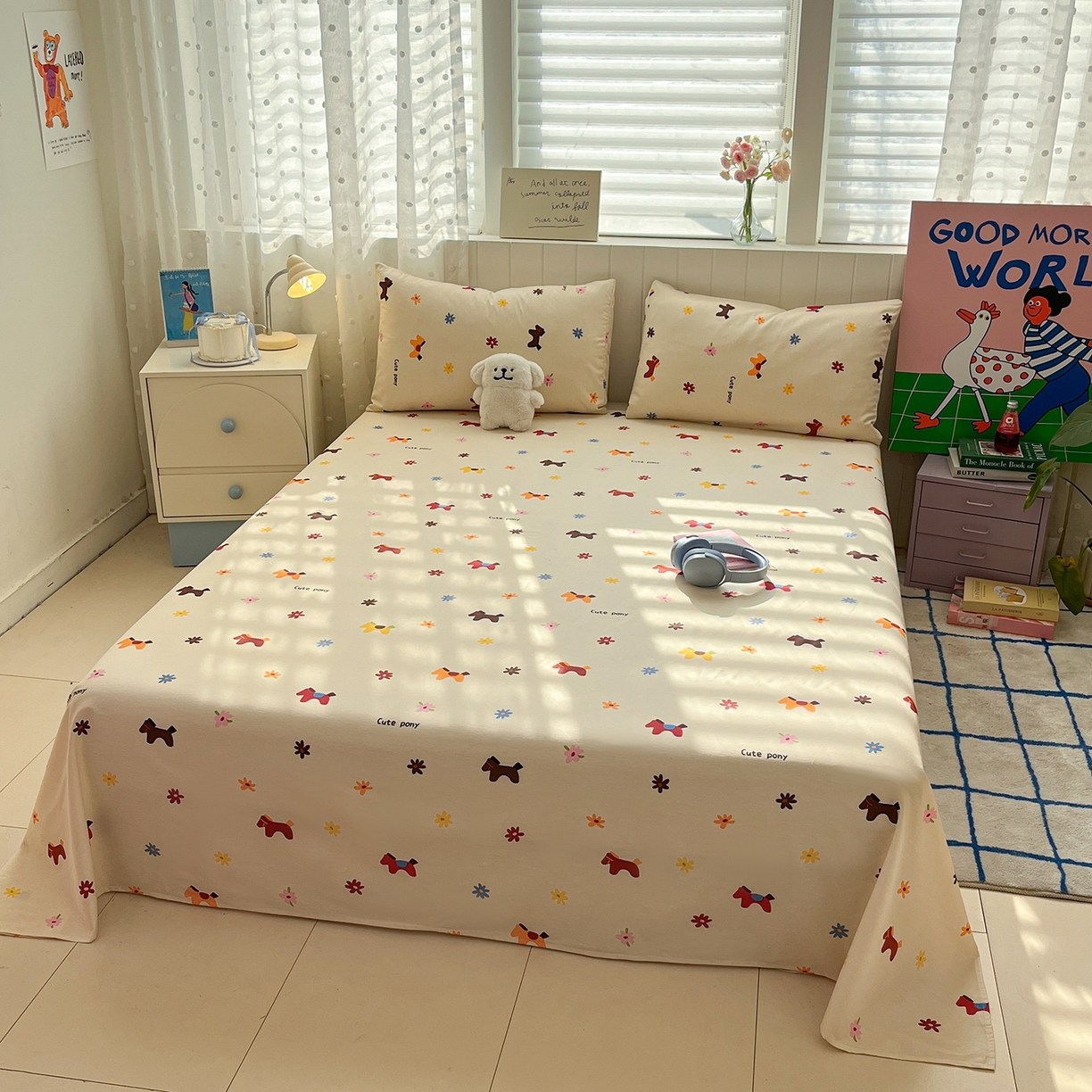 91家纺网 家纺一手货源 找家纺 桃子家居 2026新款纯棉全棉单品印花卡通可爱少女床单床笠枕套系列 棉单品-花花小马