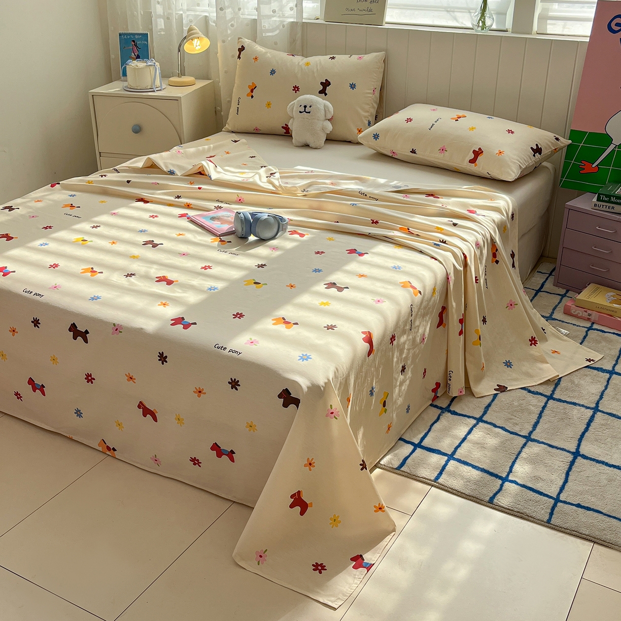 91家纺网 家纺一手货源 找家纺 桃子家居 2026新款纯棉全棉单品印花卡通可爱少女床单床笠枕套系列 棉单品-花花小马