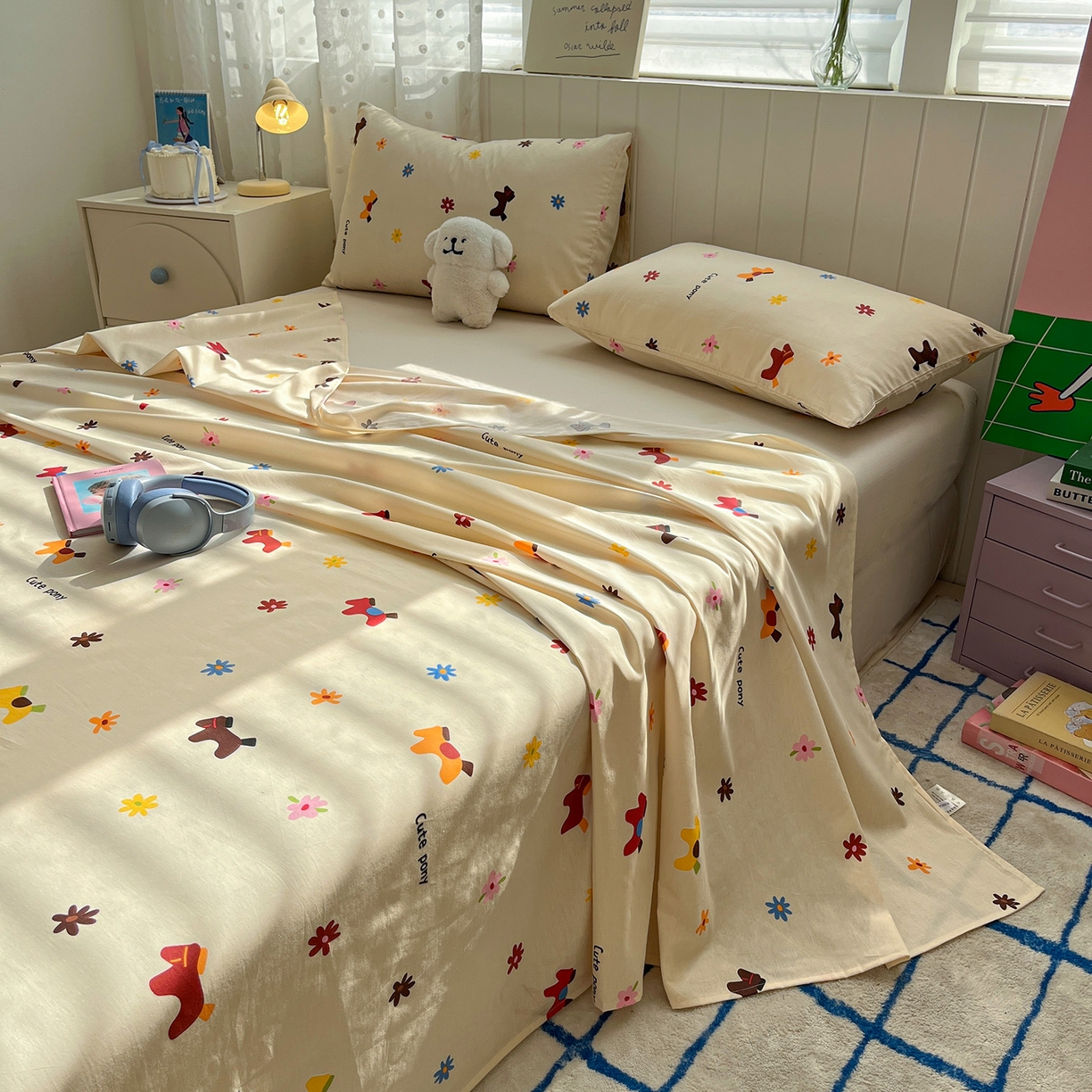 91家纺网 家纺一手货源 找家纺 桃子家居 2026新款纯棉全棉单品印花卡通可爱少女床单床笠枕套系列 棉单品-花花小马