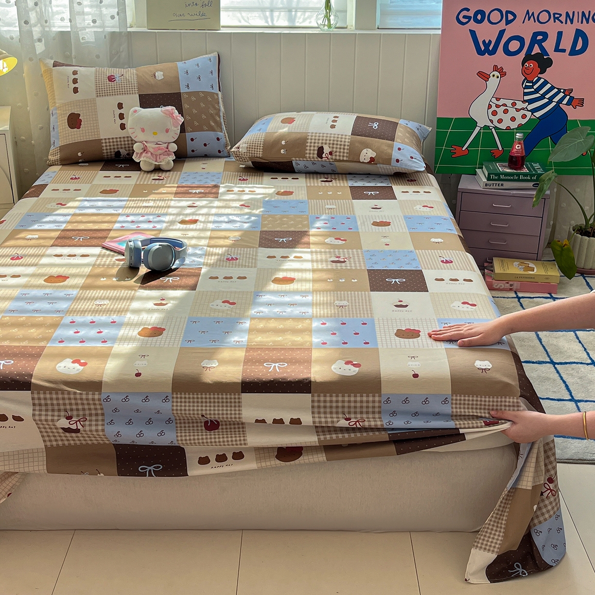 91家纺网 家纺一手货源 找家纺 桃子家居 2026新款纯棉全棉单品印花卡通可爱少女床单床笠枕套系列 棉单品-可可黑皮猫