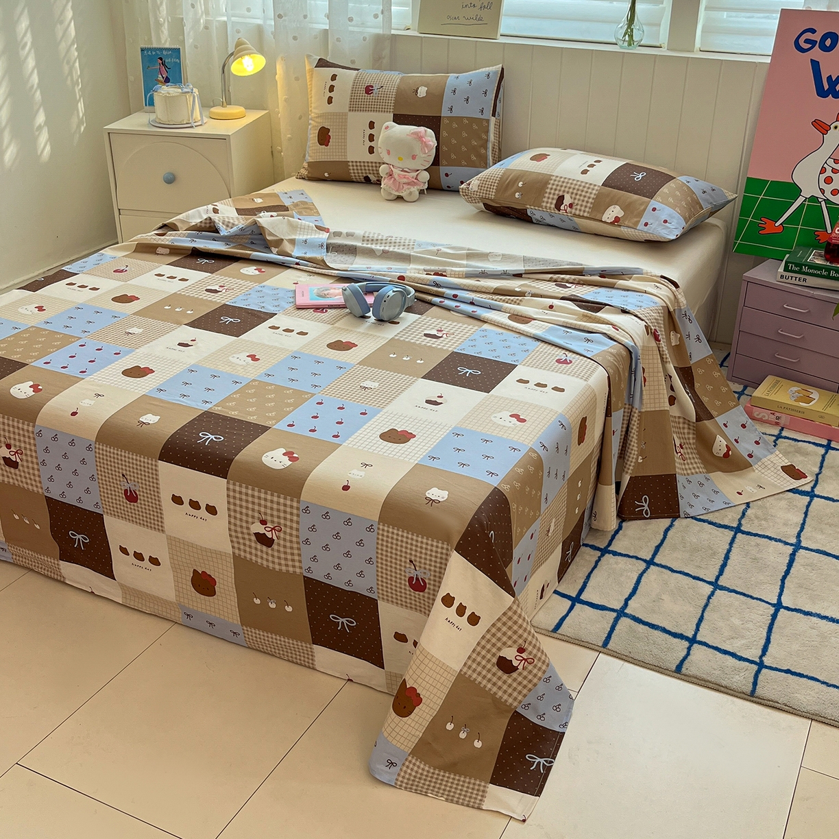 91家纺网 家纺一手货源 找家纺 桃子家居 2026新款纯棉全棉单品印花卡通可爱少女床单床笠枕套系列 棉单品-可可黑皮猫