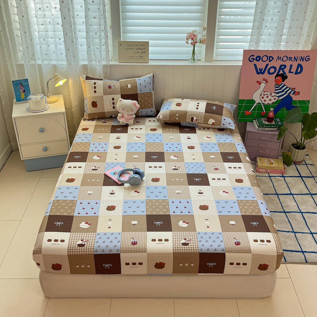 91家纺网 家纺一手货源 找家纺 桃子家居 2026新款纯棉全棉单品印花卡通可爱少女床单床笠枕套系列 棉单品-可可黑皮猫