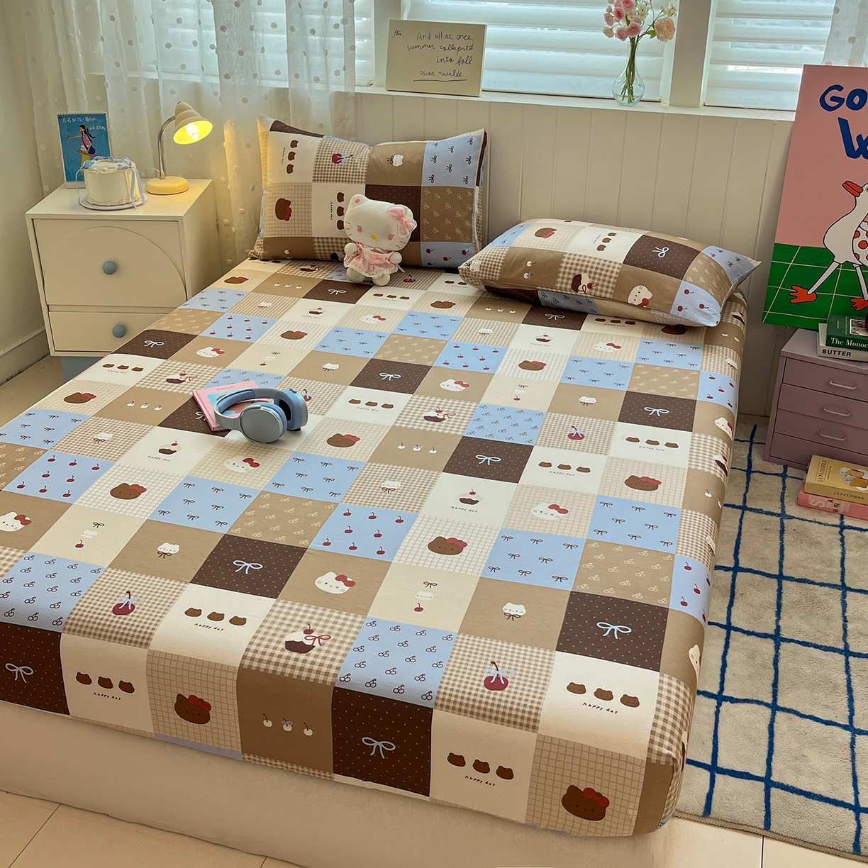 91家纺网 家纺一手货源 找家纺 桃子家居 2026新款纯棉全棉单品印花卡通可爱少女床单床笠枕套系列 棉单品-可可黑皮猫