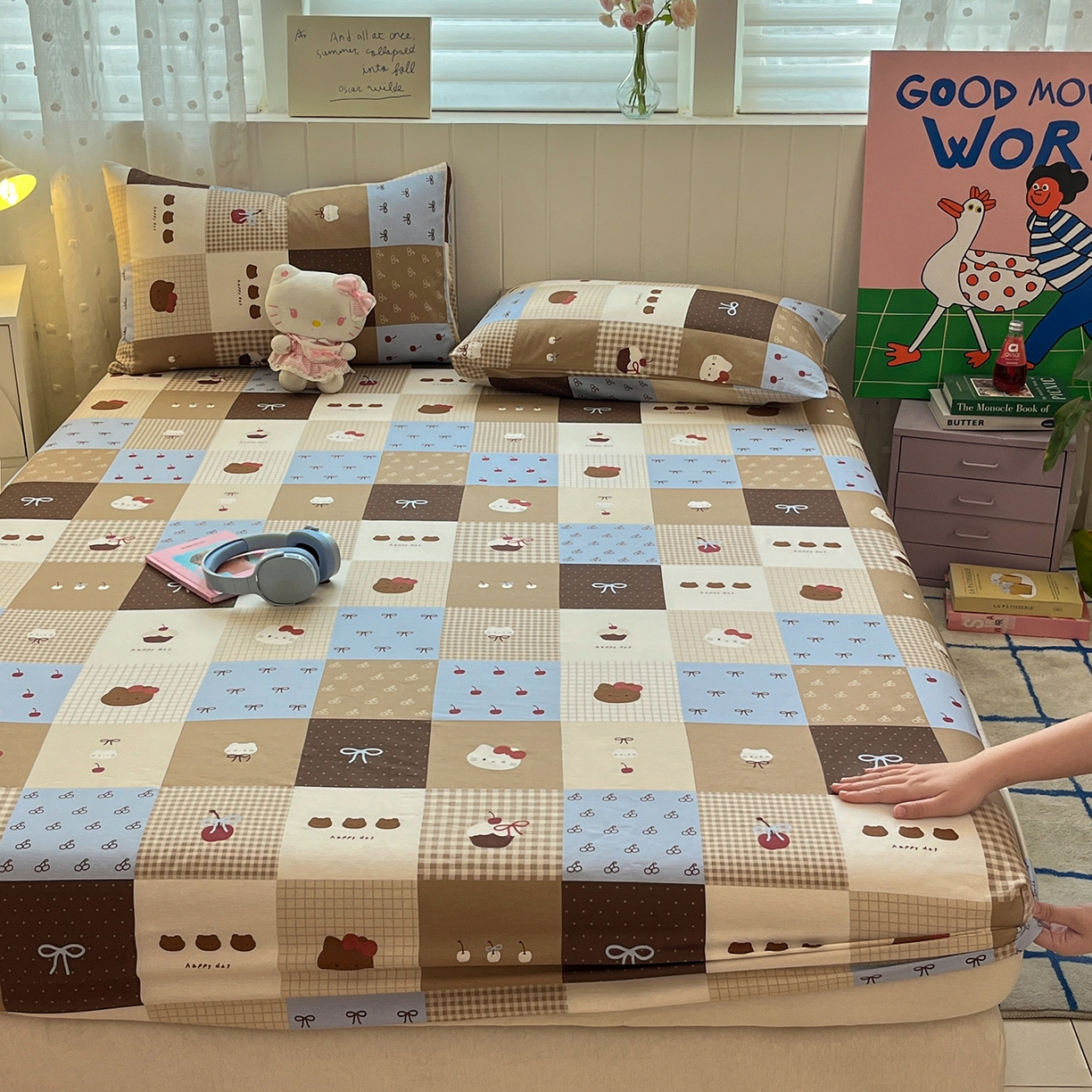 91家纺网 家纺一手货源 找家纺 桃子家居 2026新款纯棉全棉单品印花卡通可爱少女床单床笠枕套系列 棉单品-可可黑皮猫