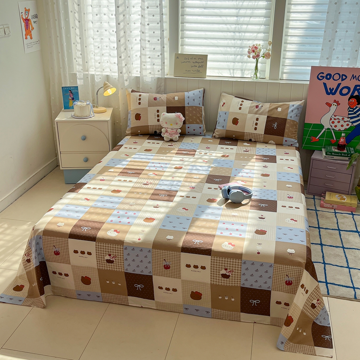 91家纺网 家纺一手货源 找家纺 桃子家居 2026新款纯棉全棉单品印花卡通可爱少女床单床笠枕套系列 棉单品-可可黑皮猫