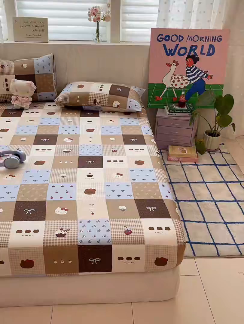 91家纺网 家纺一手货源 找家纺 桃子家居 2026新款纯棉全棉单品印花卡通可爱少女床单床笠枕套系列 棉单品-可可黑皮猫