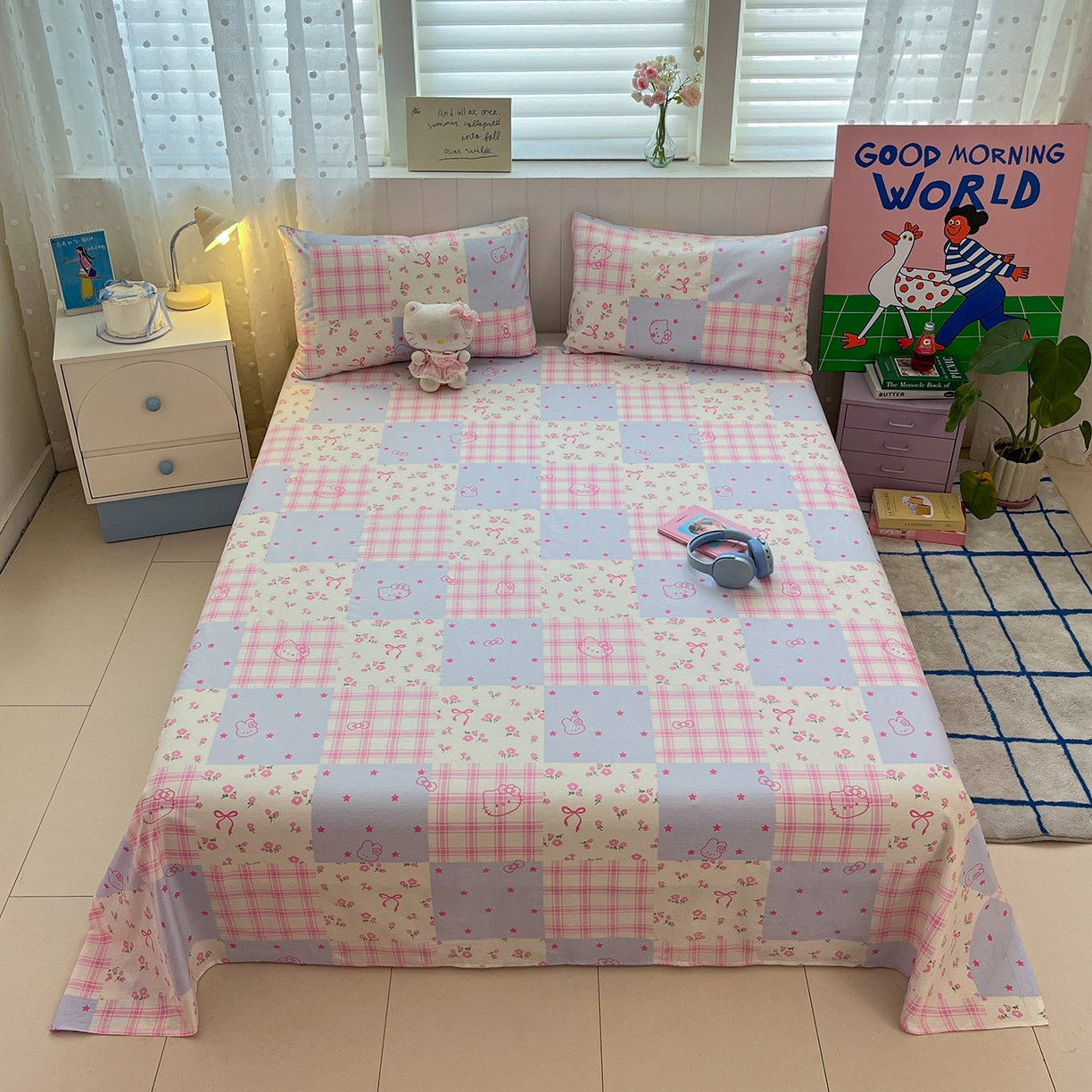 桃子家居 2026新款纯棉全棉单品印花卡通可爱少女床单床笠枕套系列 棉单品-蓝粉甜心