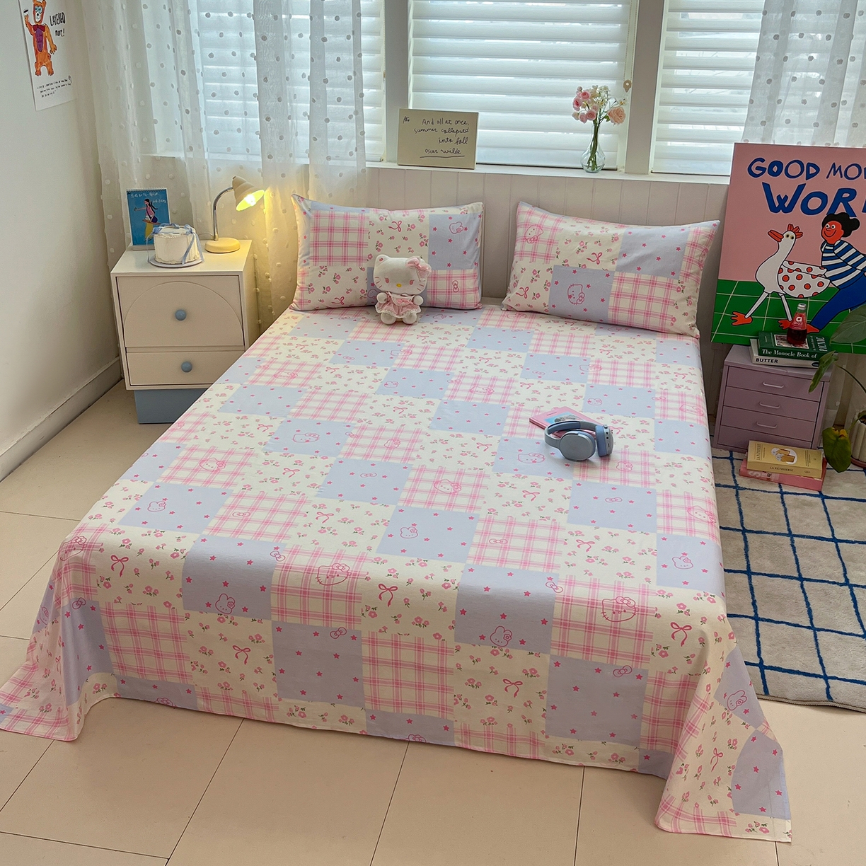 91家纺网 家纺一手货源 找家纺 桃子家居 2026新款纯棉全棉单品印花卡通可爱少女床单床笠枕套系列 棉单品-蓝粉甜心