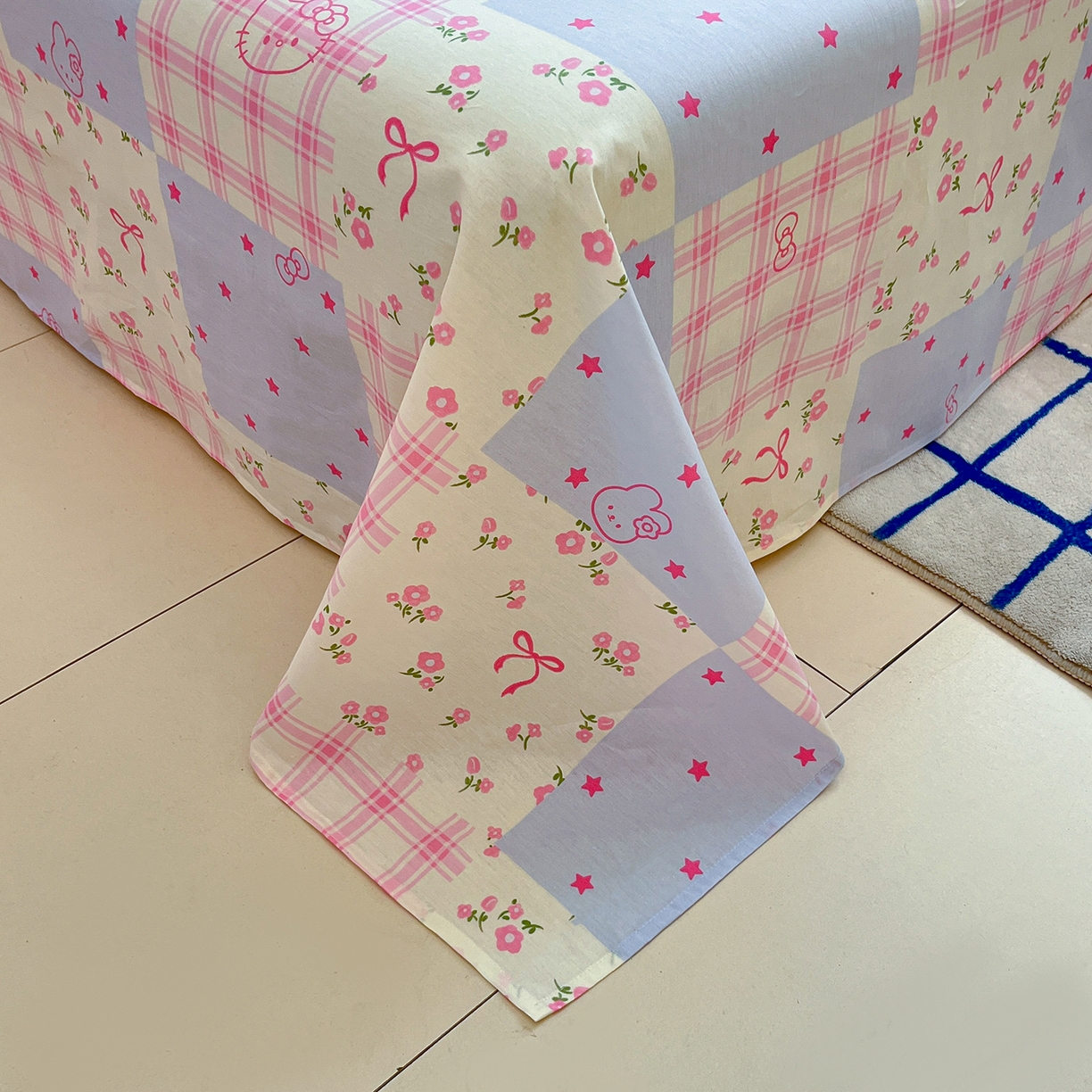 91家纺网 家纺一手货源 找家纺 桃子家居 2026新款纯棉全棉单品印花卡通可爱少女床单床笠枕套系列 棉单品-蓝粉甜心