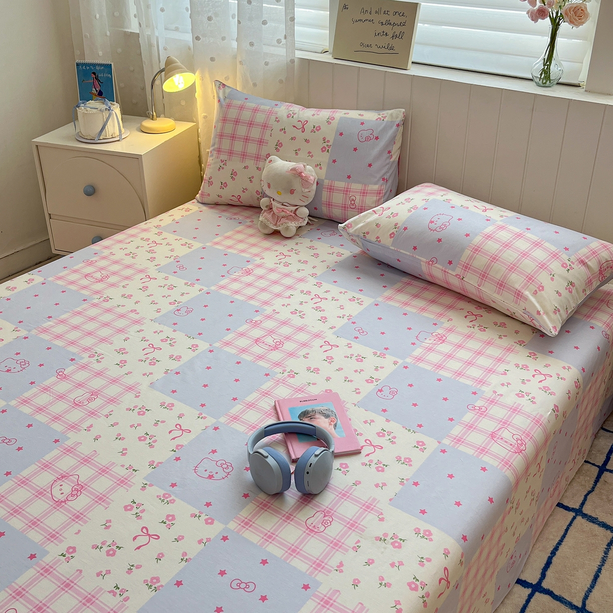 91家纺网 家纺一手货源 找家纺 桃子家居 2026新款纯棉全棉单品印花卡通可爱少女床单床笠枕套系列 棉单品-蓝粉甜心