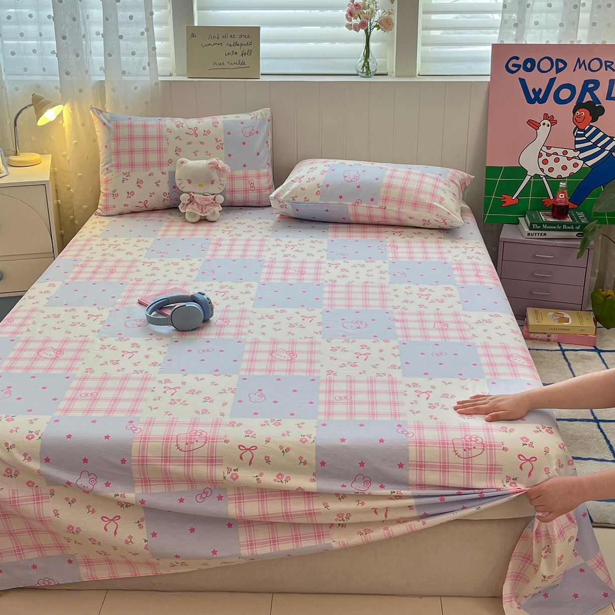 91家纺网 家纺一手货源 找家纺 桃子家居 2026新款纯棉全棉单品印花卡通可爱少女床单床笠枕套系列 棉单品-蓝粉甜心