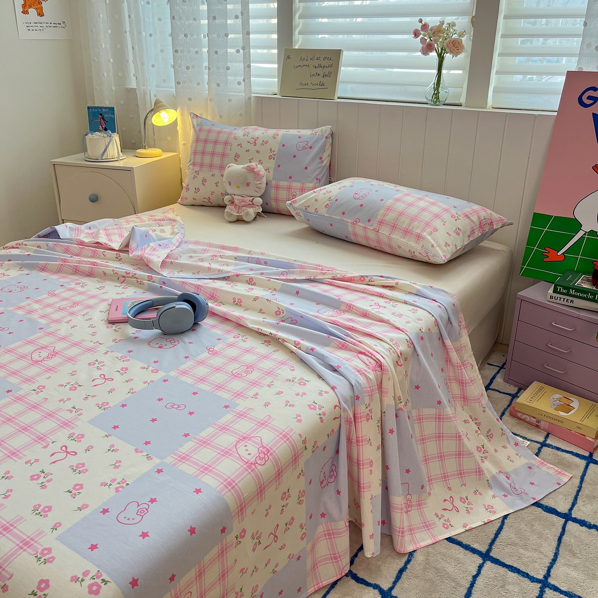 91家纺网 家纺一手货源 找家纺 桃子家居 2026新款纯棉全棉单品印花卡通可爱少女床单床笠枕套系列 棉单品-蓝粉甜心