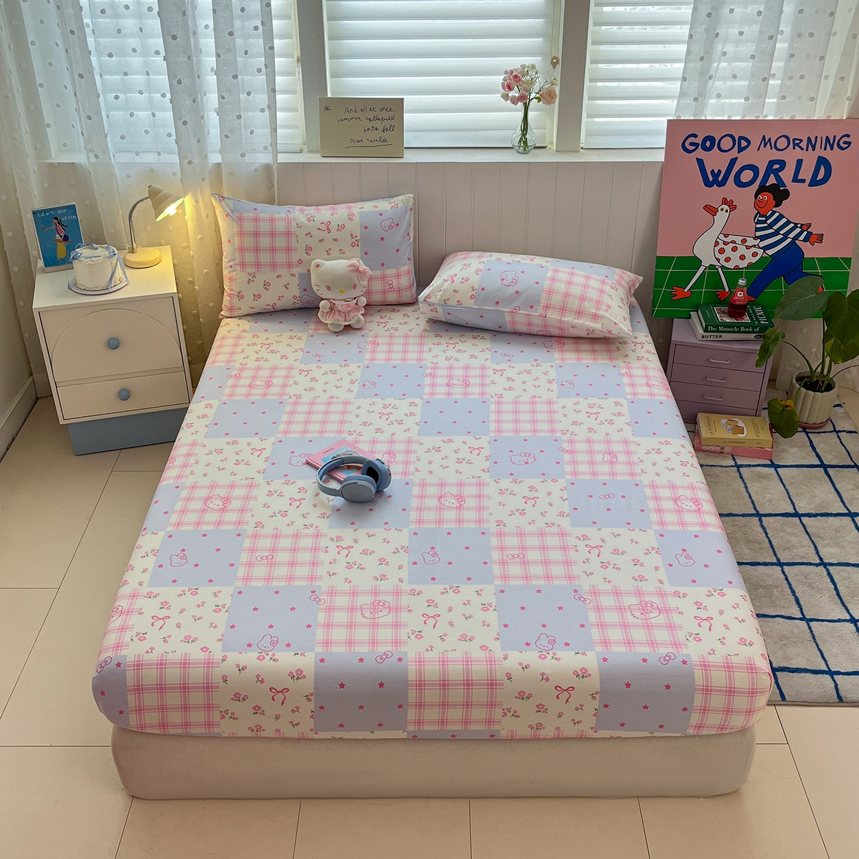 91家纺网 家纺一手货源 找家纺 桃子家居 2026新款纯棉全棉单品印花卡通可爱少女床单床笠枕套系列 棉单品-蓝粉甜心