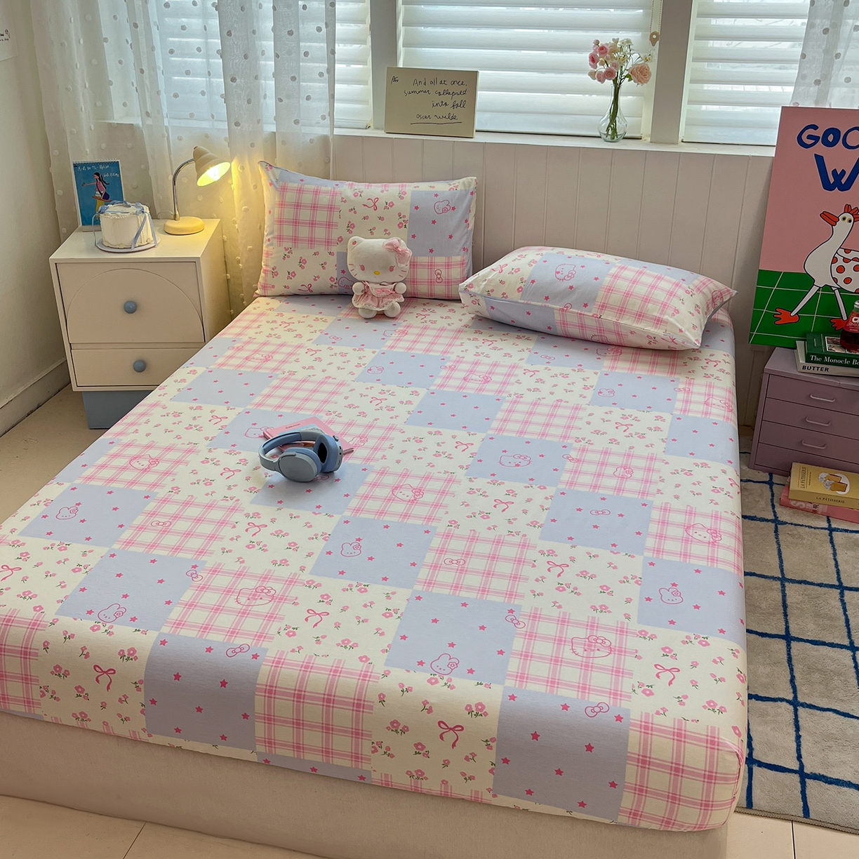 91家纺网 家纺一手货源 找家纺 桃子家居 2026新款纯棉全棉单品印花卡通可爱少女床单床笠枕套系列 棉单品-蓝粉甜心