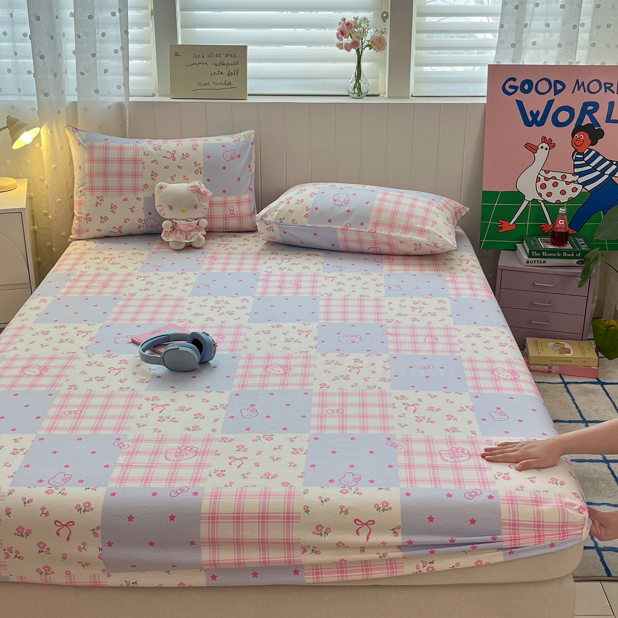 91家纺网 家纺一手货源 找家纺 桃子家居 2026新款纯棉全棉单品印花卡通可爱少女床单床笠枕套系列 棉单品-蓝粉甜心