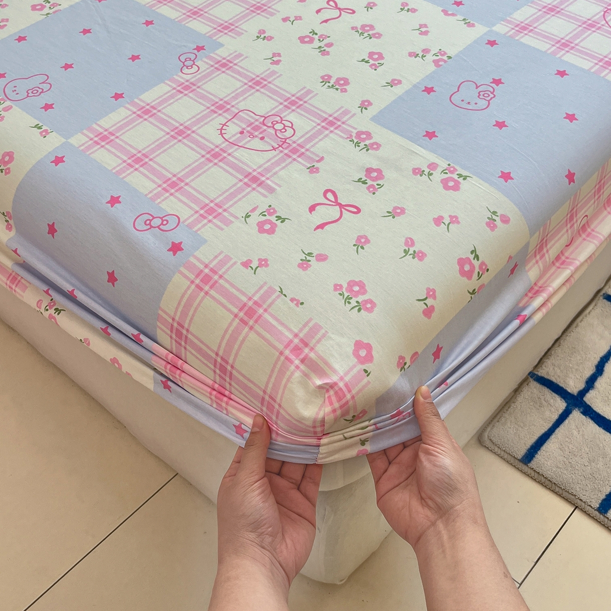 91家纺网 家纺一手货源 找家纺 桃子家居 2026新款纯棉全棉单品印花卡通可爱少女床单床笠枕套系列 棉单品-蓝粉甜心