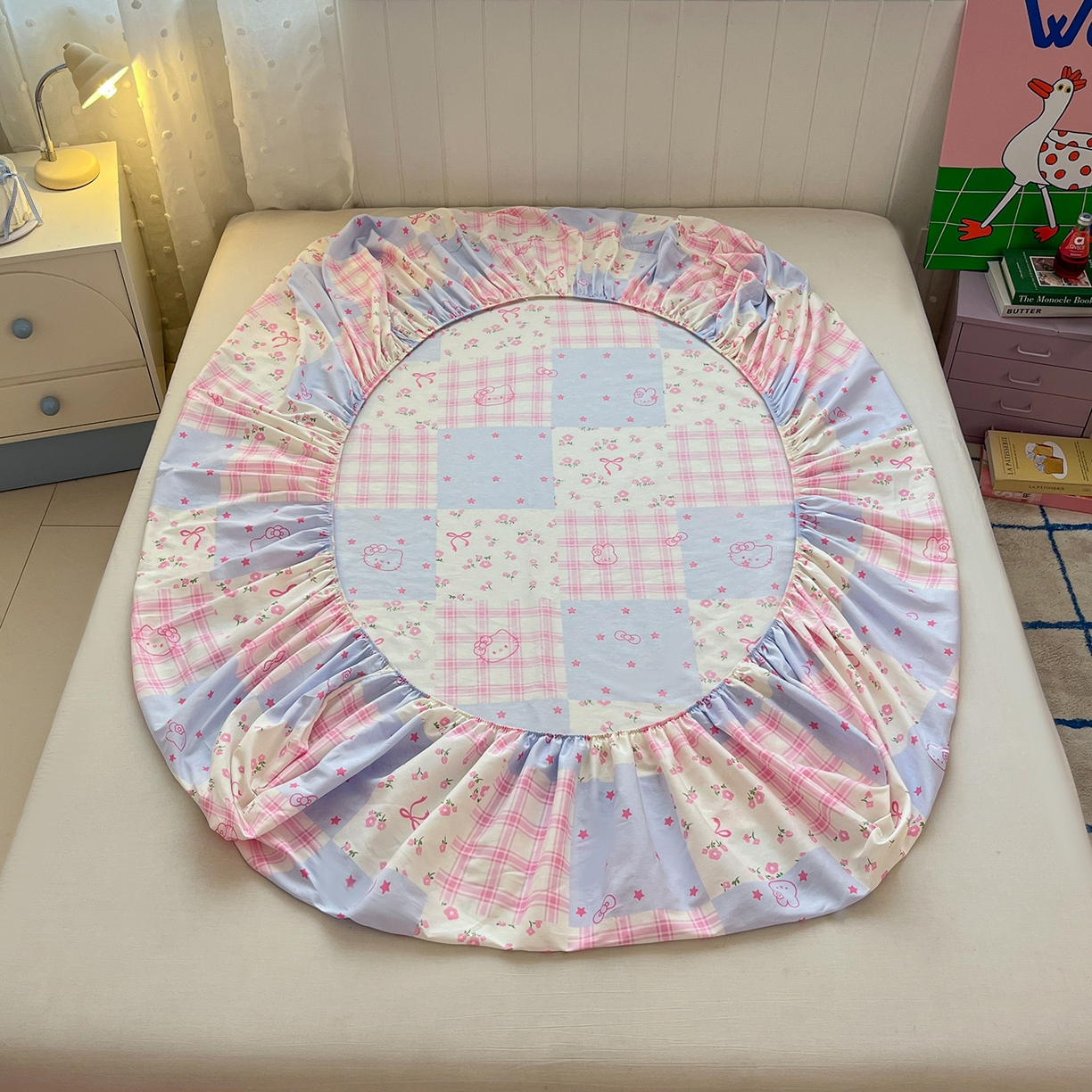 91家纺网 家纺一手货源 找家纺 桃子家居 2026新款纯棉全棉单品印花卡通可爱少女床单床笠枕套系列 棉单品-蓝粉甜心