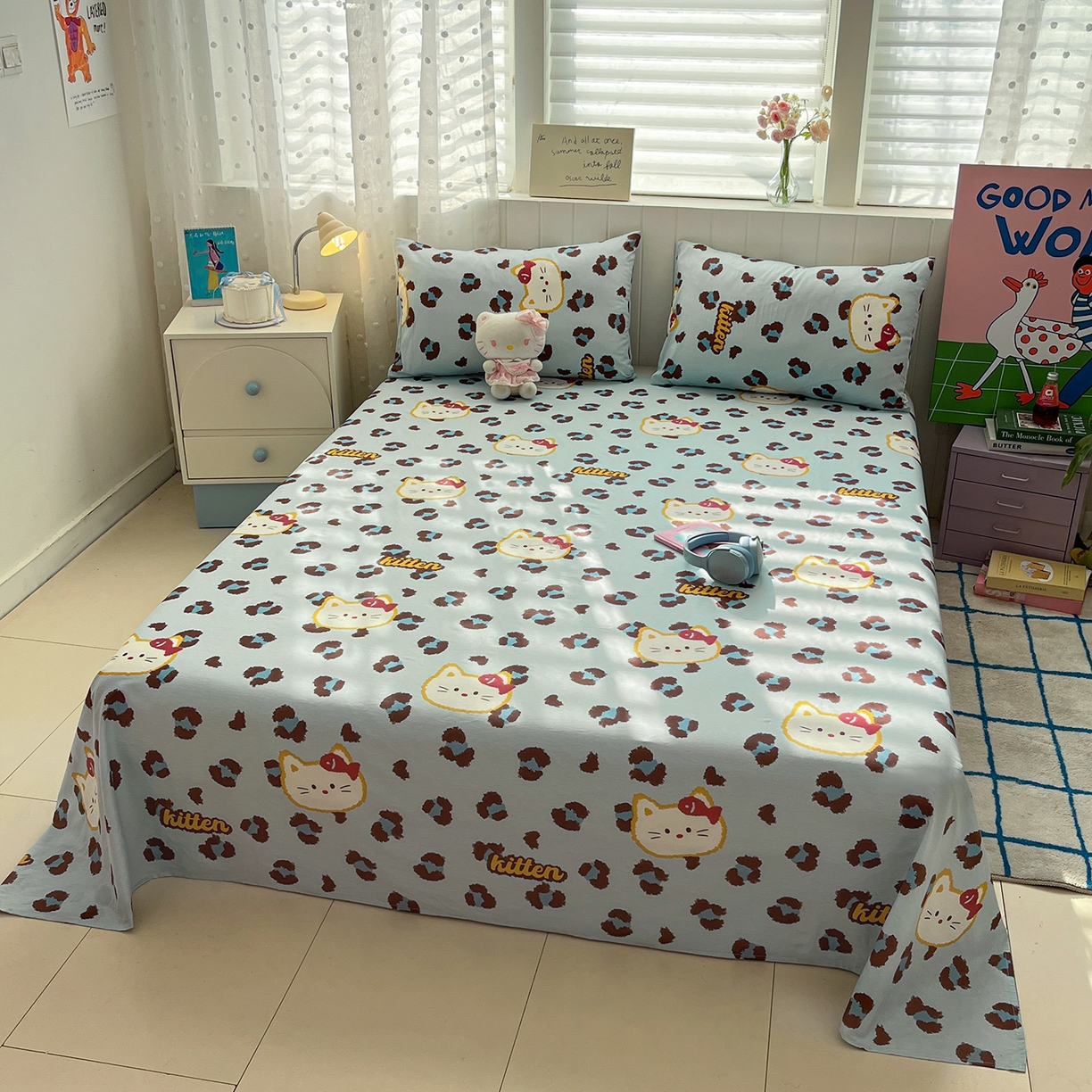 91家纺网 家纺一手货源 找家纺 桃子家居 2026新款纯棉全棉单品印花卡通可爱少女床单床笠枕套系列 棉单品-蓝色猫猫