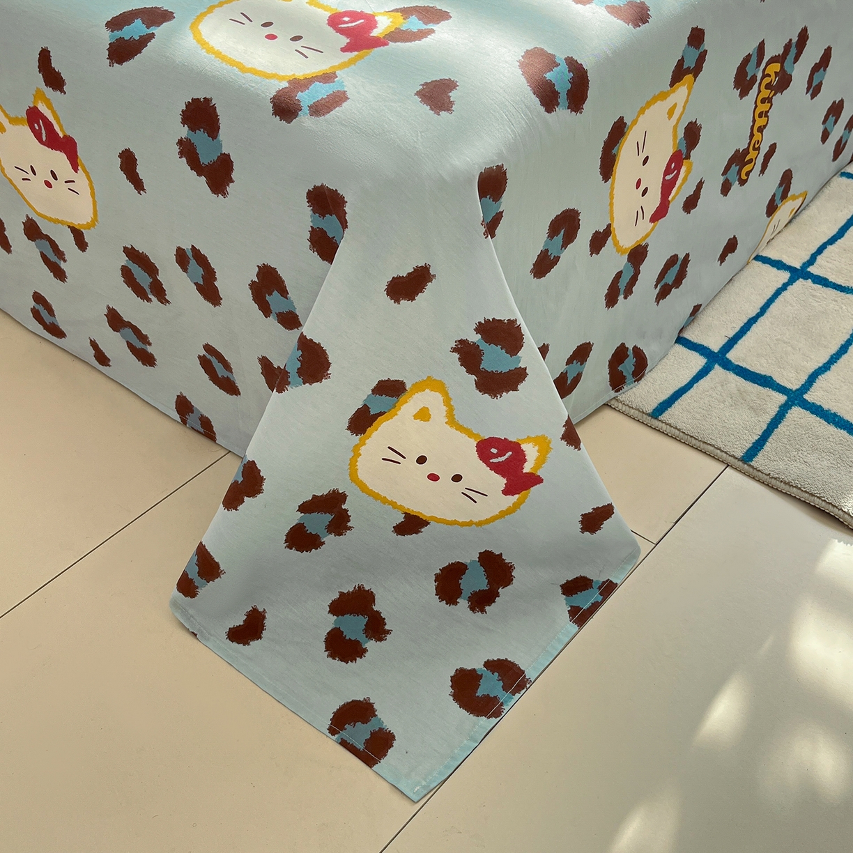 91家纺网 家纺一手货源 找家纺 桃子家居 2026新款纯棉全棉单品印花卡通可爱少女床单床笠枕套系列 棉单品-蓝色猫猫