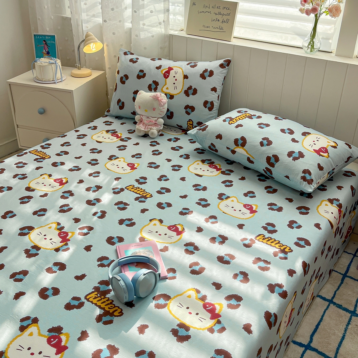 91家纺网 家纺一手货源 找家纺 桃子家居 2026新款纯棉全棉单品印花卡通可爱少女床单床笠枕套系列 棉单品-蓝色猫猫