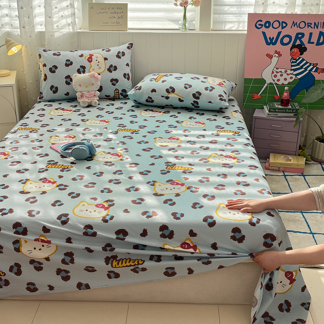 91家纺网 家纺一手货源 找家纺 桃子家居 2026新款纯棉全棉单品印花卡通可爱少女床单床笠枕套系列 棉单品-蓝色猫猫