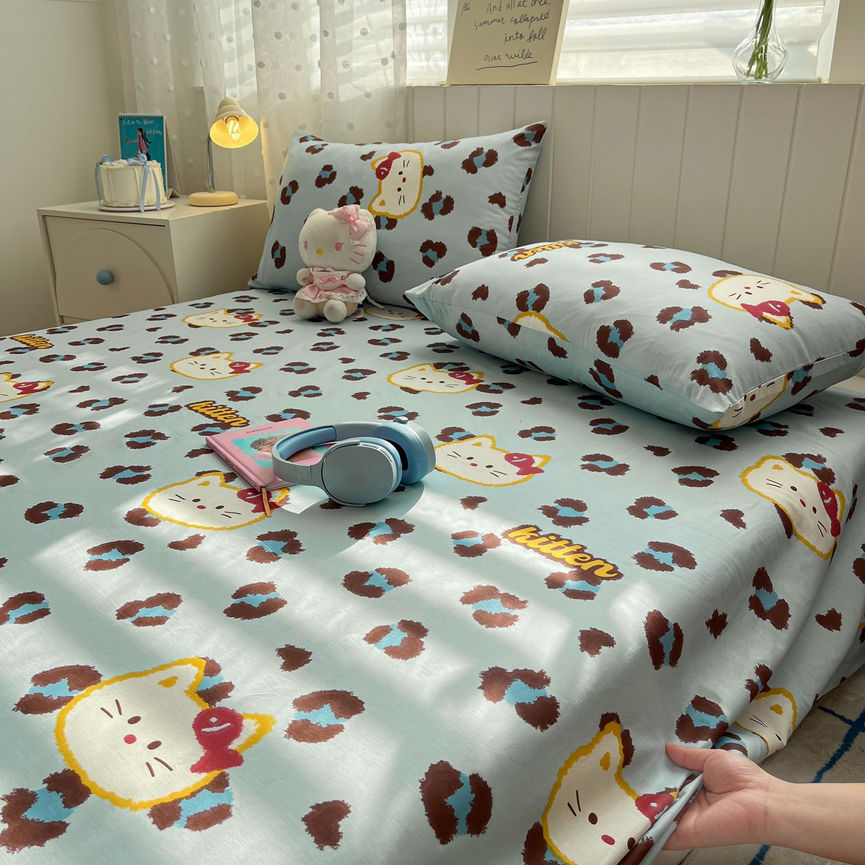 91家纺网 家纺一手货源 找家纺 桃子家居 2026新款纯棉全棉单品印花卡通可爱少女床单床笠枕套系列 棉单品-蓝色猫猫