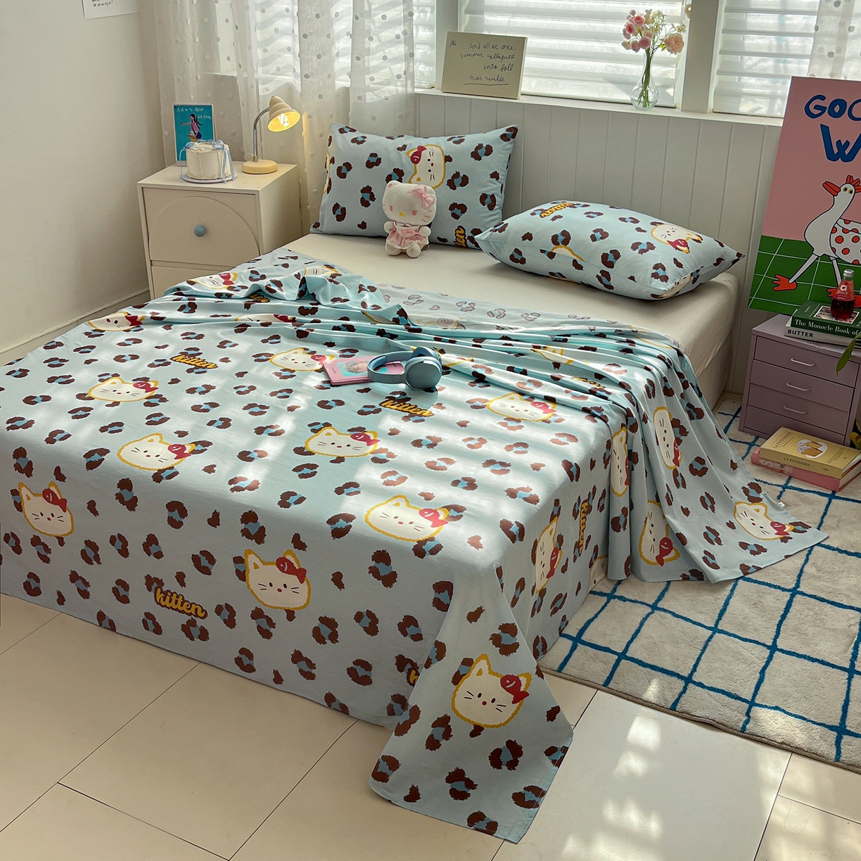 91家纺网 家纺一手货源 找家纺 桃子家居 2026新款纯棉全棉单品印花卡通可爱少女床单床笠枕套系列 棉单品-蓝色猫猫