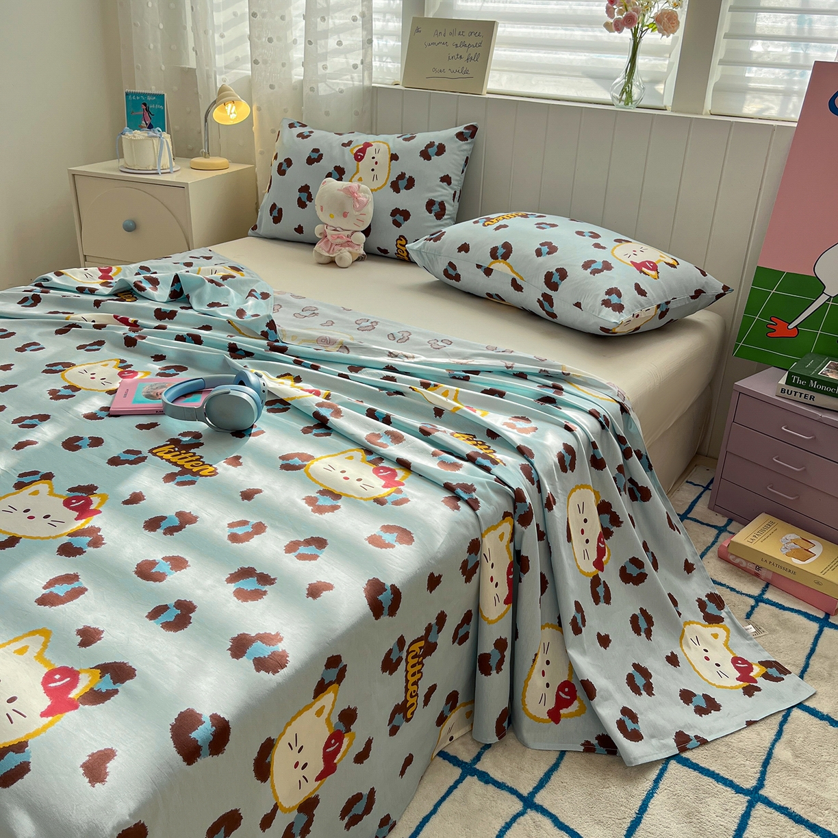 91家纺网 家纺一手货源 找家纺 桃子家居 2026新款纯棉全棉单品印花卡通可爱少女床单床笠枕套系列 棉单品-蓝色猫猫