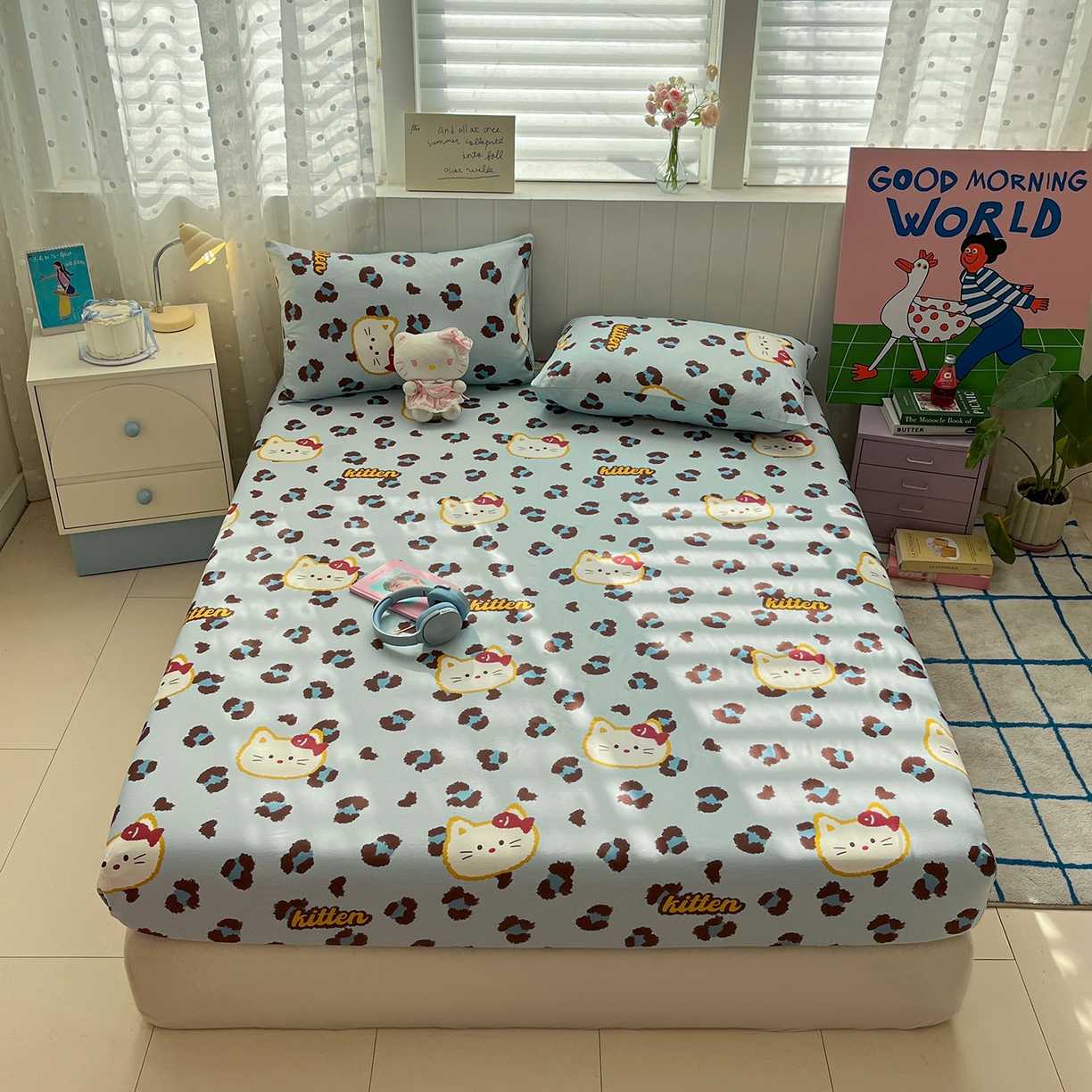 91家纺网 家纺一手货源 找家纺 桃子家居 2026新款纯棉全棉单品印花卡通可爱少女床单床笠枕套系列 棉单品-蓝色猫猫