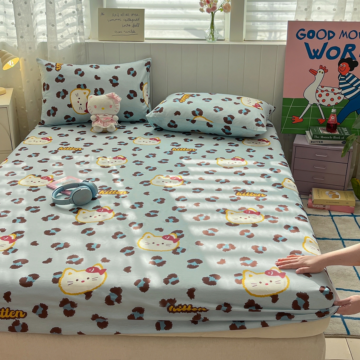 91家纺网 家纺一手货源 找家纺 桃子家居 2026新款纯棉全棉单品印花卡通可爱少女床单床笠枕套系列 棉单品-蓝色猫猫