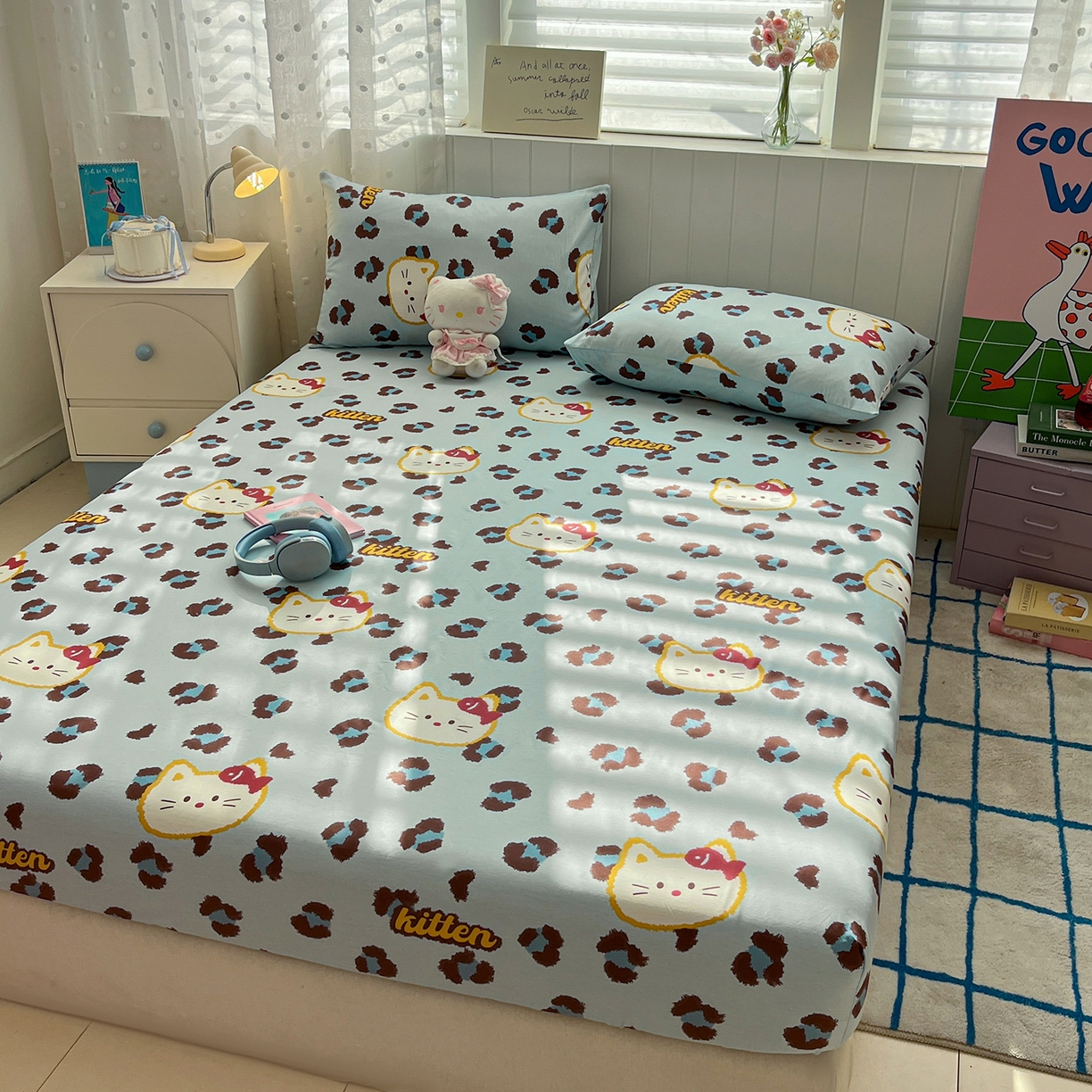 91家纺网 家纺一手货源 找家纺 桃子家居 2026新款纯棉全棉单品印花卡通可爱少女床单床笠枕套系列 棉单品-蓝色猫猫