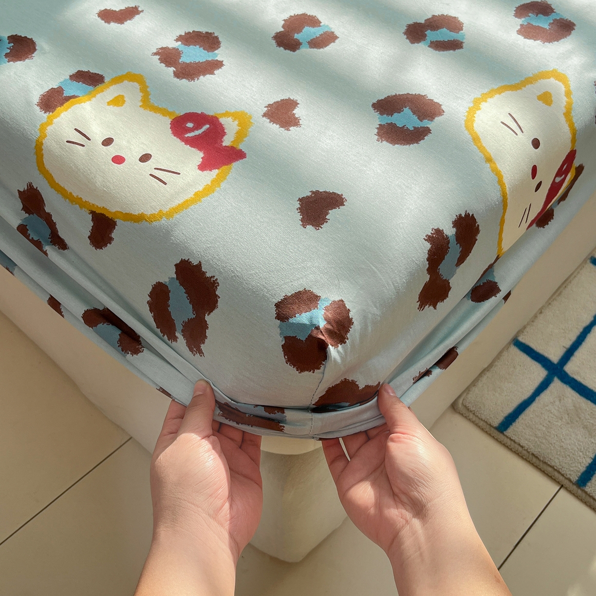 91家纺网 家纺一手货源 找家纺 桃子家居 2026新款纯棉全棉单品印花卡通可爱少女床单床笠枕套系列 棉单品-蓝色猫猫