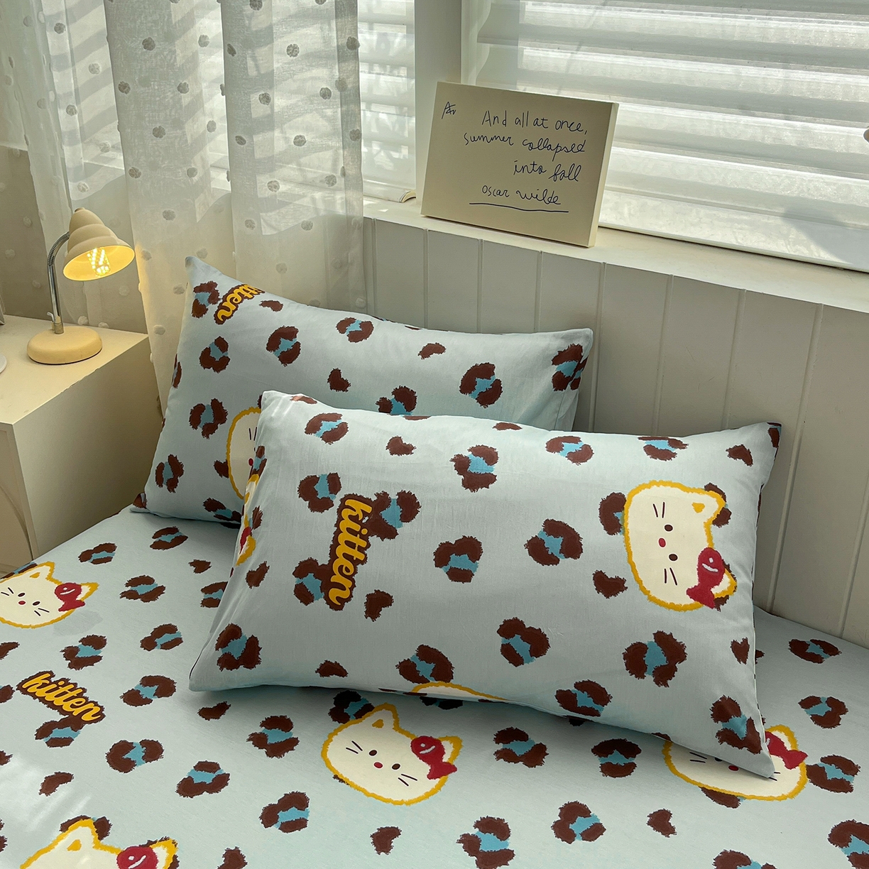 91家纺网 家纺一手货源 找家纺 桃子家居 2026新款纯棉全棉单品印花卡通可爱少女床单床笠枕套系列 棉单品-蓝色猫猫