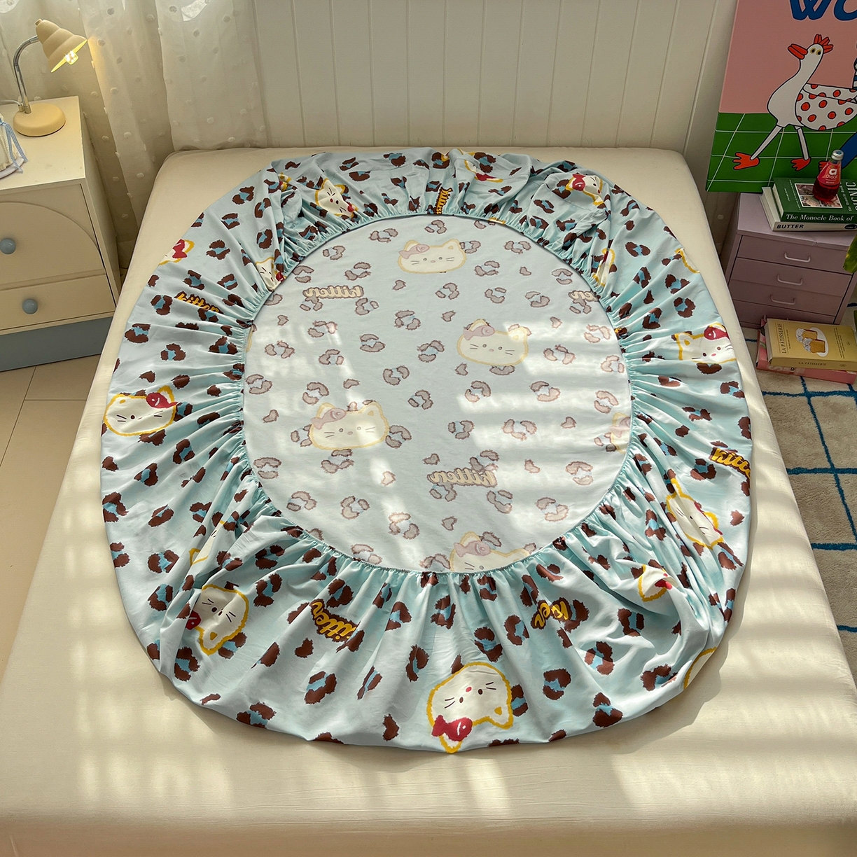 91家纺网 家纺一手货源 找家纺 桃子家居 2026新款纯棉全棉单品印花卡通可爱少女床单床笠枕套系列 棉单品-蓝色猫猫