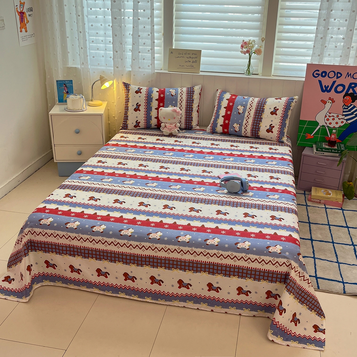 91家纺网 家纺一手货源 找家纺 桃子家居 2026新款纯棉全棉单品印花卡通可爱少女床单床笠枕套系列 棉单品-蓝甜小马