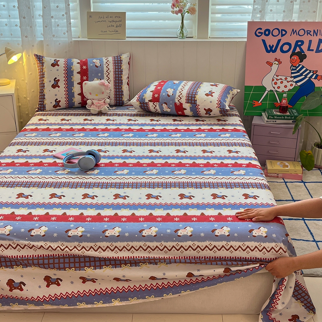 91家纺网 家纺一手货源 找家纺 桃子家居 2026新款纯棉全棉单品印花卡通可爱少女床单床笠枕套系列 棉单品-蓝甜小马