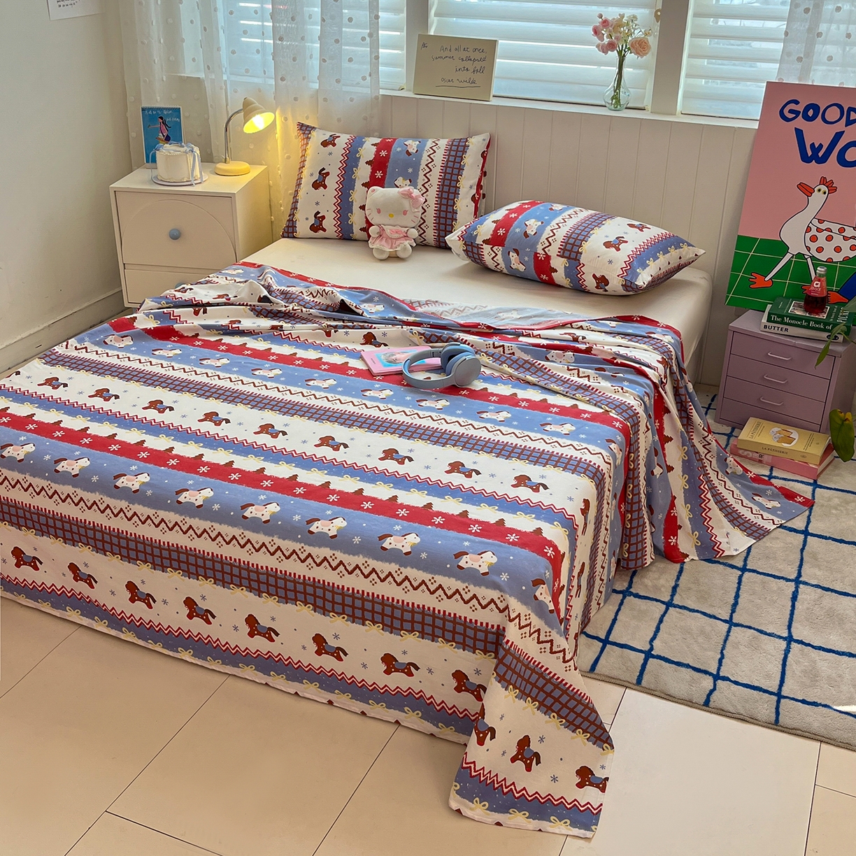 91家纺网 家纺一手货源 找家纺 桃子家居 2026新款纯棉全棉单品印花卡通可爱少女床单床笠枕套系列 棉单品-蓝甜小马