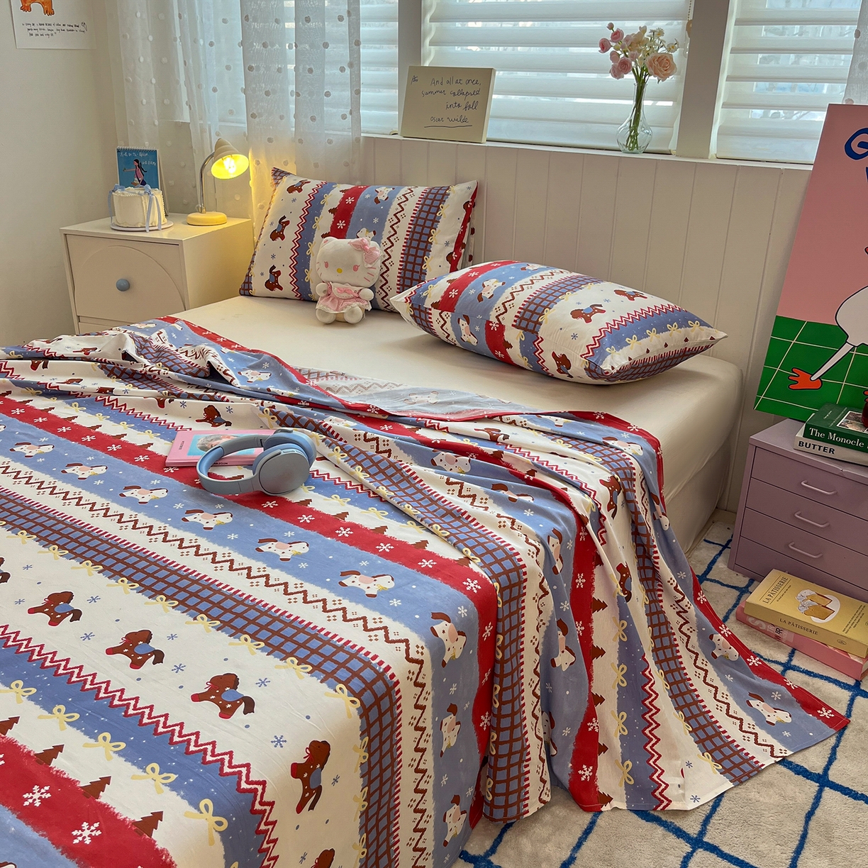 91家纺网 家纺一手货源 找家纺 桃子家居 2026新款纯棉全棉单品印花卡通可爱少女床单床笠枕套系列 棉单品-蓝甜小马