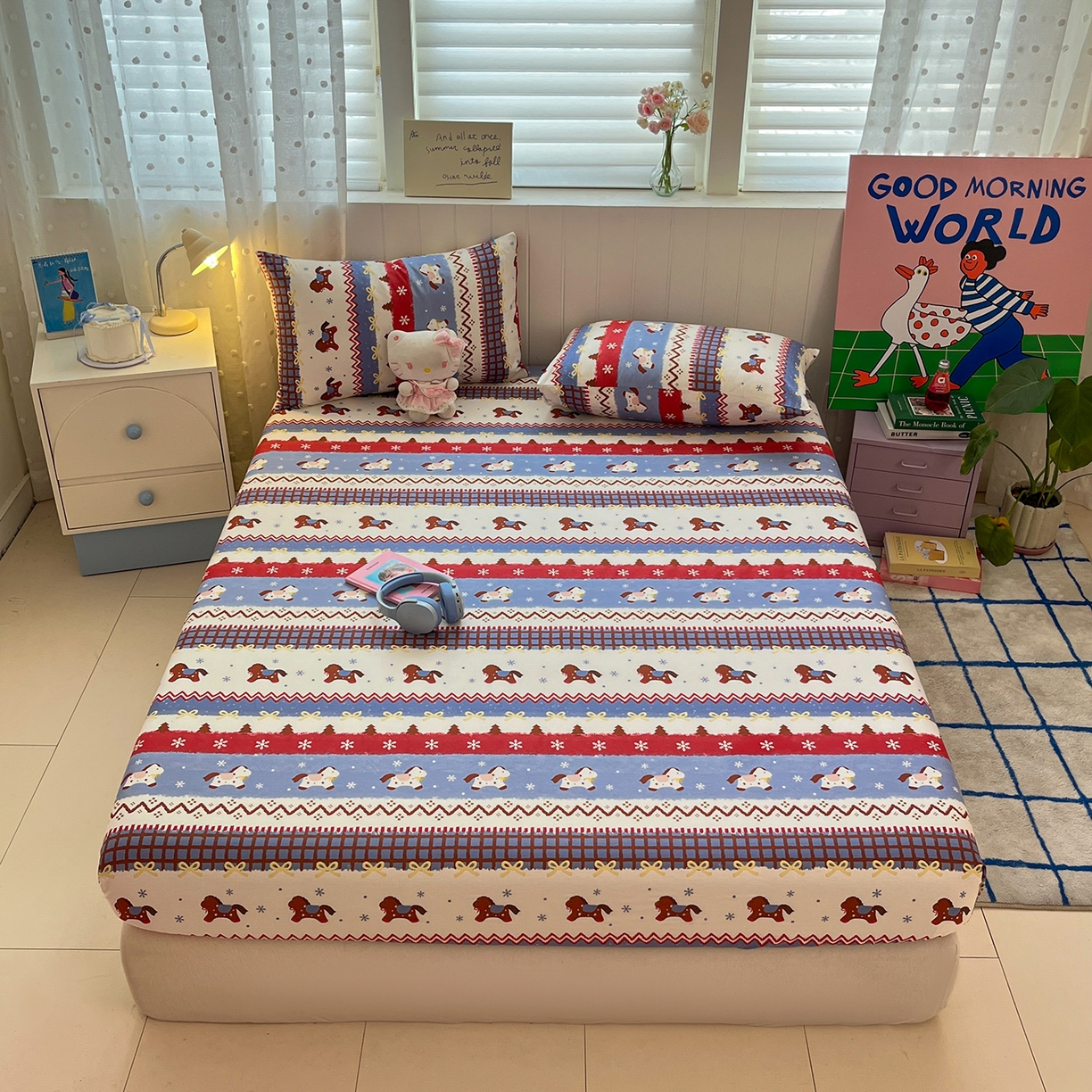 91家纺网 家纺一手货源 找家纺 桃子家居 2026新款纯棉全棉单品印花卡通可爱少女床单床笠枕套系列 棉单品-蓝甜小马