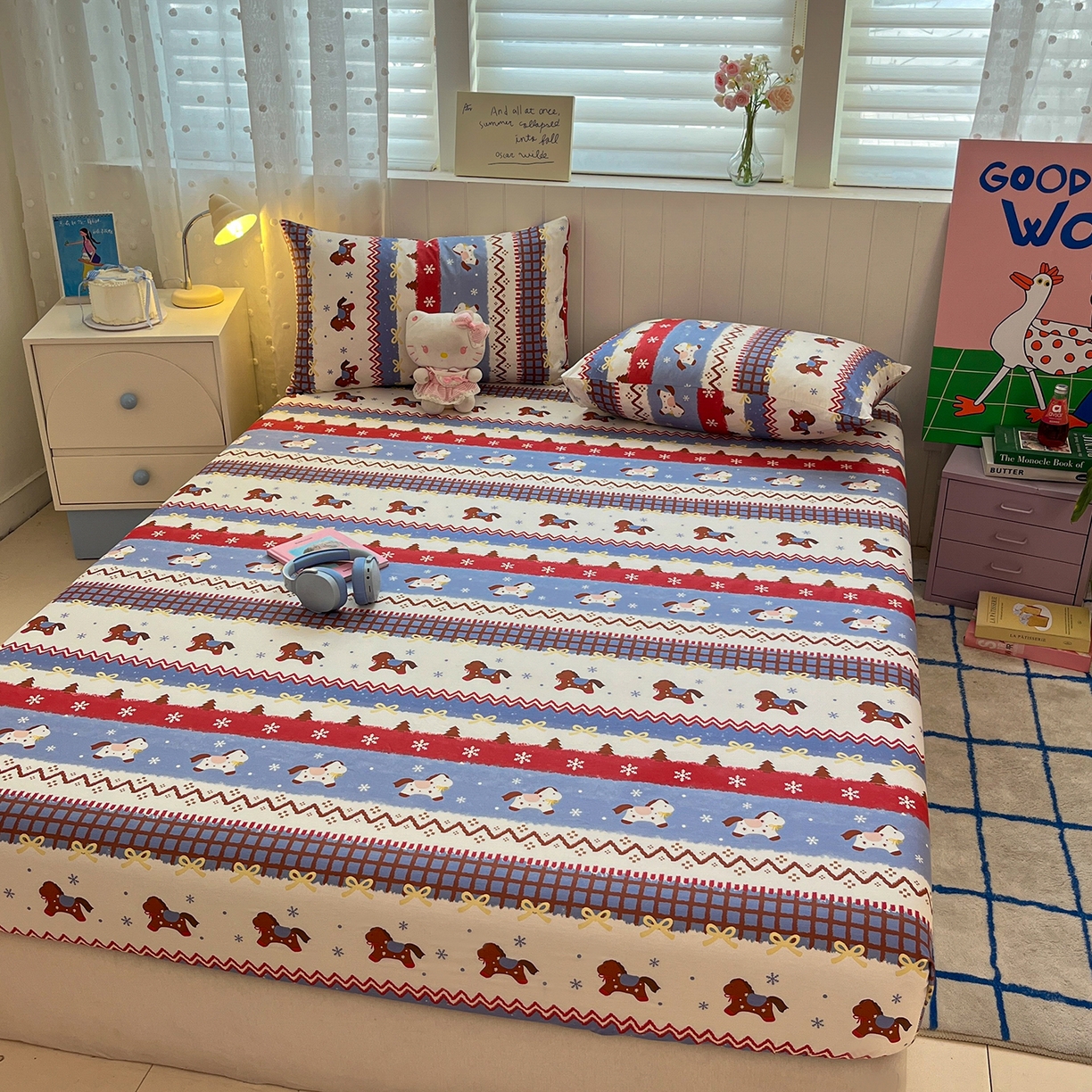 91家纺网 家纺一手货源 找家纺 桃子家居 2026新款纯棉全棉单品印花卡通可爱少女床单床笠枕套系列 棉单品-蓝甜小马